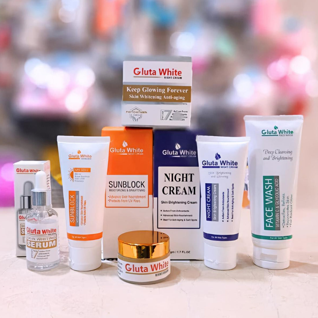 5-in-1 Gluta White Skincare Set | Face Cream, Facewash, Serum, Sunblock & Night Cream
